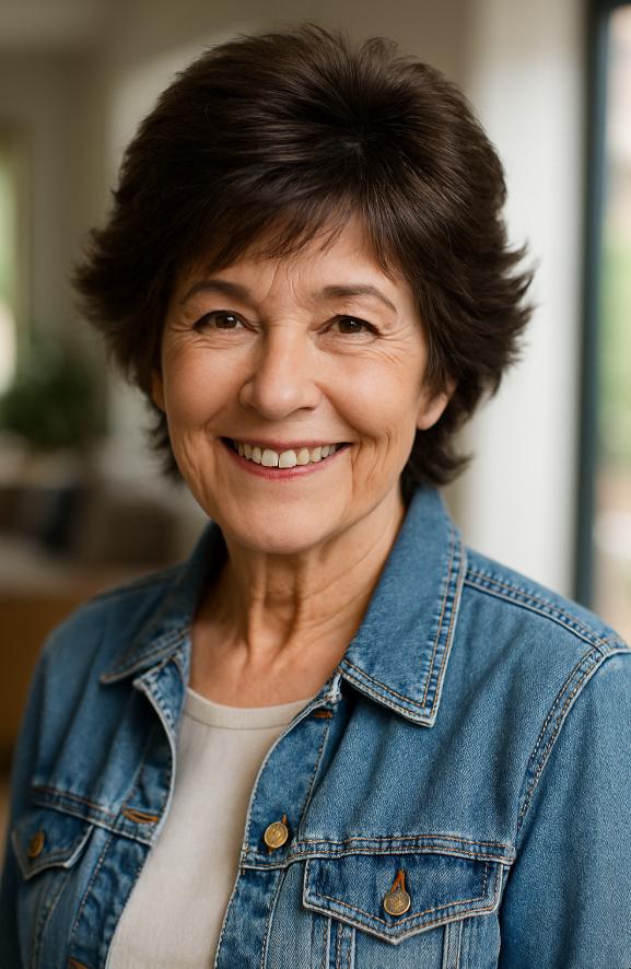 Coupe courte a plumes femme 60 ans volume naturel veste en jean sourire lumineux
