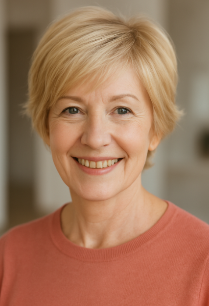 Coupe courte blonde en couches femme 60 ans cheveux clairs souples pull rose pastel