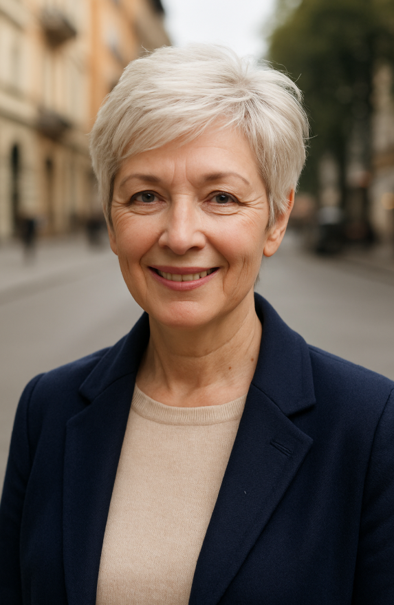 Coupe courte degradee femme 60 ans cheveux gris blancs look elegant urbain veste marine