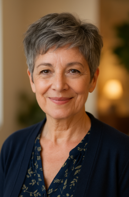 Coupe courte en couches femme agee cheveux epais gris fonce blouse fleurie fond interieur chaleureux