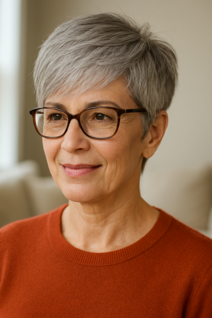 Coupe femme pixie gris clair et frange laterale coiffure elegante et moderne avec lunettes stylee