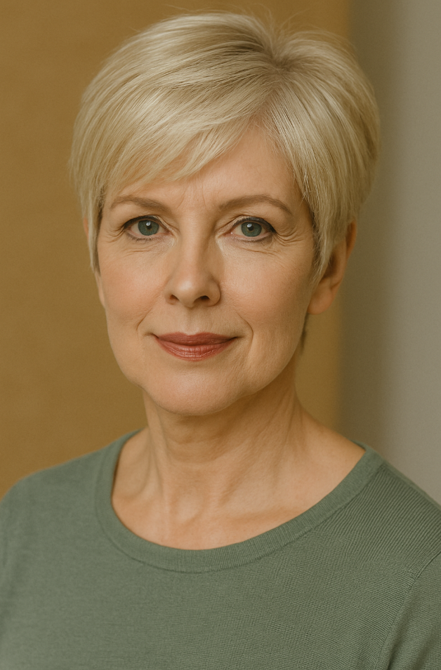 Coupe pixie blond clair et meches subtiles coiffure courte lumineuse sur fond beige doux
