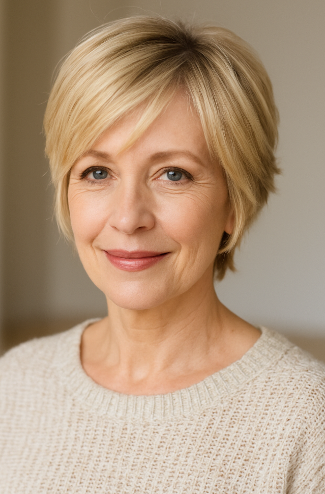 Coupe pixie blonde a meches claires coiffure lumineuse et texturee pour cheveux fins