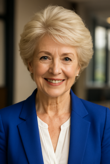 Coupe volumineuse classique femme 60 ans cheveux blonds clairs blazer bleu royal blouse blanche