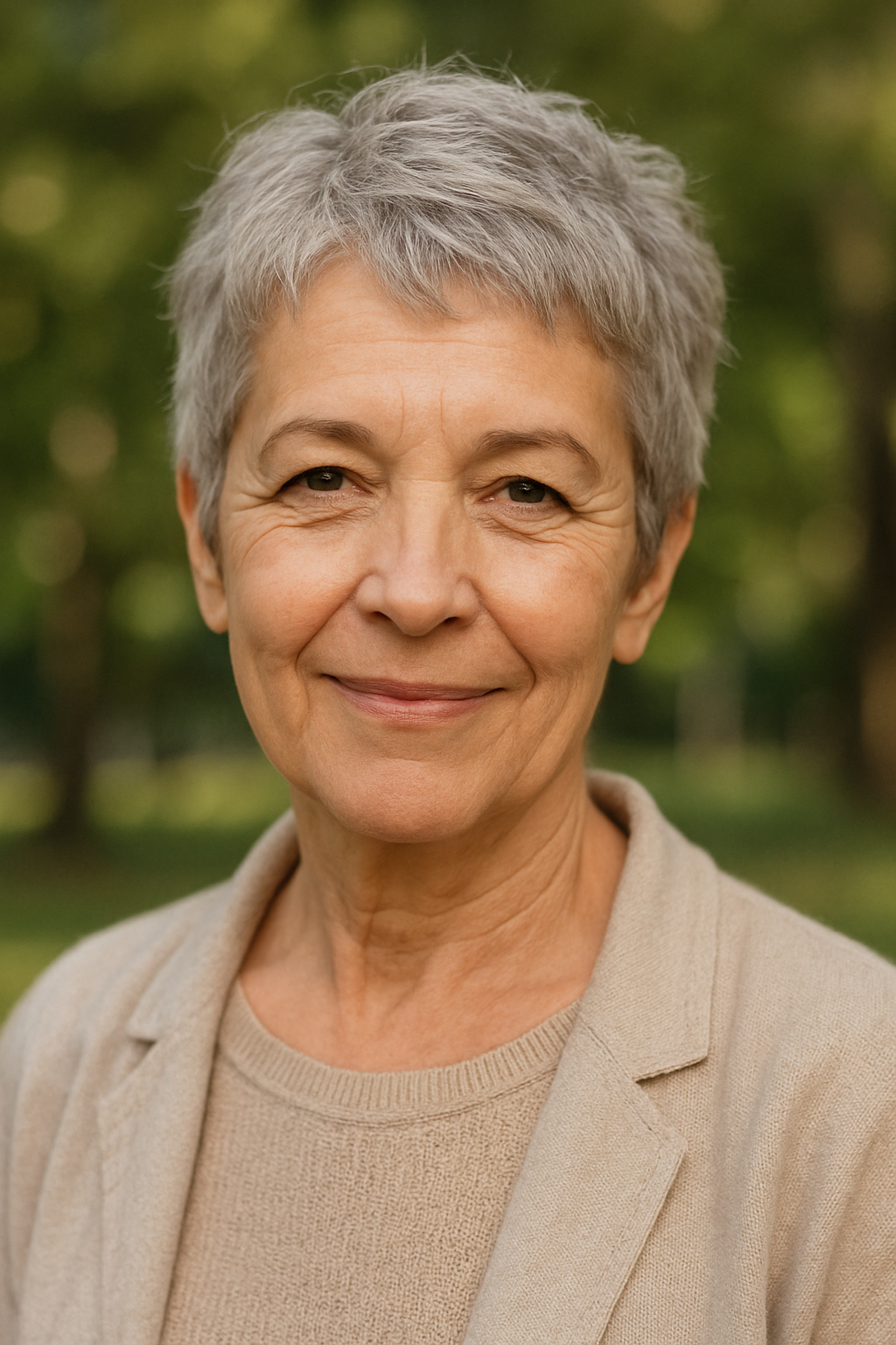 Femme 60 ans coupe courte decontractee cheveux gris pixie simple facile a coiffer