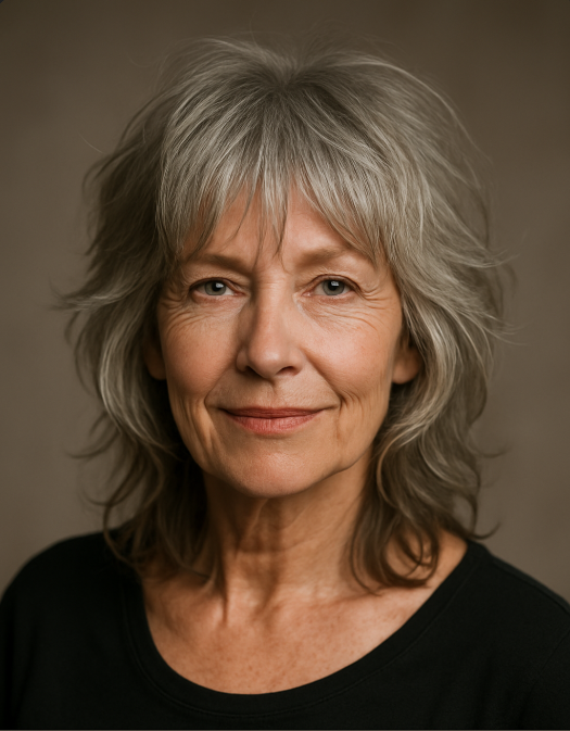Femme 60 ans coupe shag cheveux gris fins avec frange legere et degrade texture