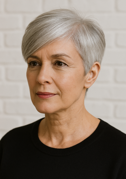 Femme mature avec coupe pixie argentee et racines anthracite coiffure courte chic et audacieuse pour cheveux gris