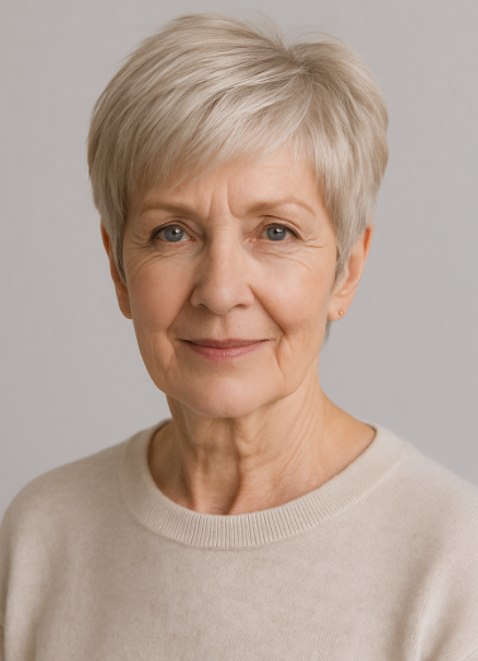 Long pixie blond cendre femme 60 ans cheveux fins coupe chic lumineuse fond gris perle