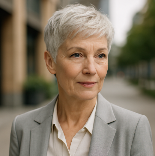 Pixie argente femme 60 ans cheveux fins coupe professionnelle blazer gris clair fond urbain flou