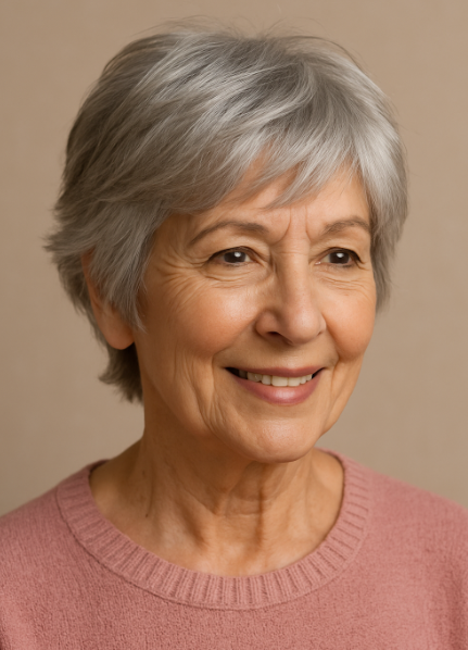 Pixie bob femme 60 ans cheveux gris coupe moderne avant gardiste pull vieux rose