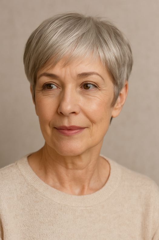 Pixie classique avec frange femme 60 ans cheveux gris coupe courte elegante douce