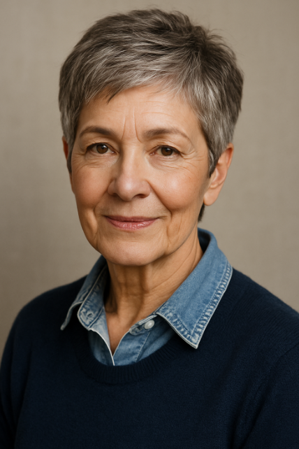Pixie court frange laterale femme 60 ans cheveux gris look sobre et structure 