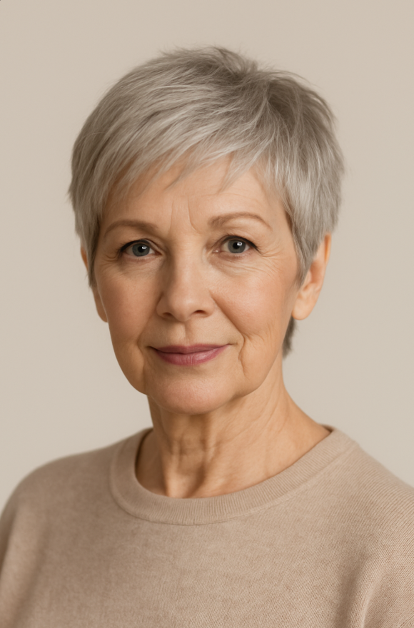 Pixie effile cheveux fins femme 60 ans coupe courte gris clair frange souple