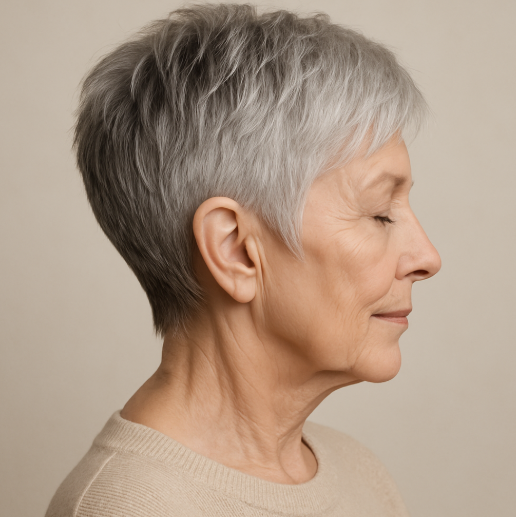 Pixie effile nuque degradee femme 60 ans coupe courte argentee texturee pull beige