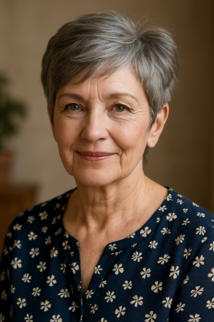 Pixie femme 60 ans cheveux fins couches douces fond chaleureux chemisier bleu fleuri