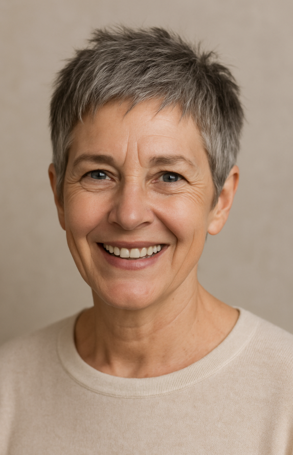 Pixie gris en couches femme 60 ans cheveux courts fins style doux naturel sourire