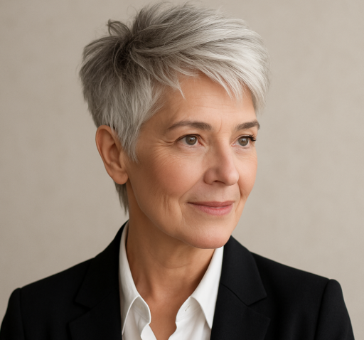 Pixie gris femme 50 ans cheveux fins coupe texturee blazer noir chemise blanche fond clair