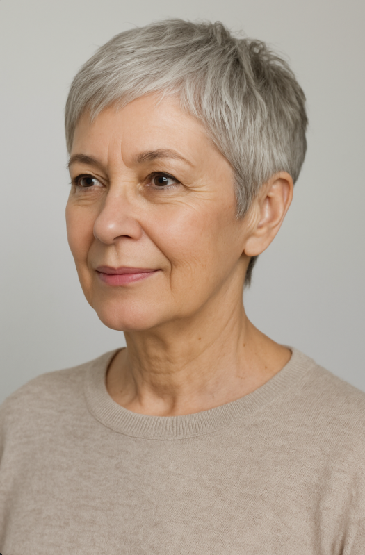 Pixie gris naturel femme 60 ans coupe courte elegante cheveux argentes sans coloration