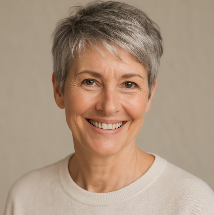 Pixie gris volumineux femme 60 ans cheveux courts argentes style lumineux sourire doux