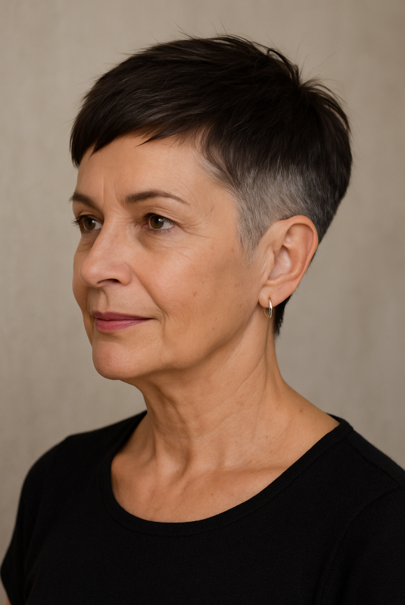 Pixie undercut femme 60 ans cheveux bruns courts cotes rases style affirme