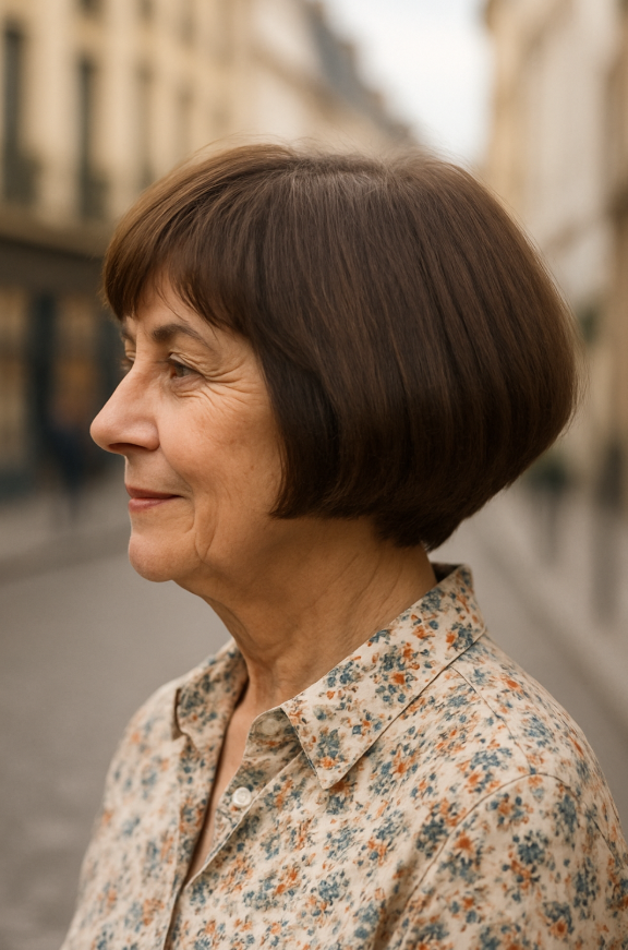 Pixie undercut femme 60 ans coupe courte cheveux bruns fonces chemise fleurie rue pavee