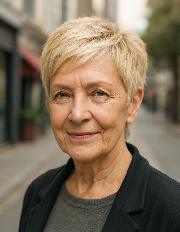 Pixie volumineux femme 60 ans cheveux blonds coupe courte avec du relief en ville