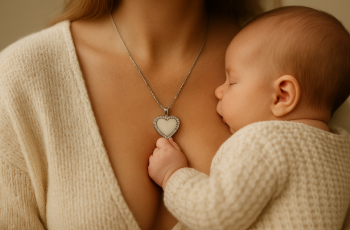 Bebe endormi contre sa mere portant un collier en lait maternel en forme de coeur