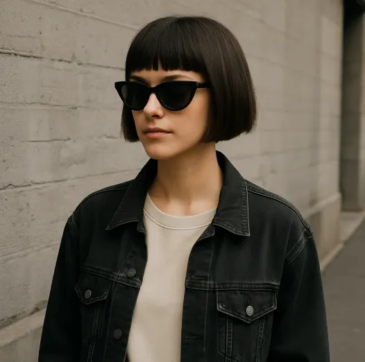 Belle jeune femme lunettes de soleil dans la rue avec une coiffure Micro carre ultra court femme coupe ete stylee. 