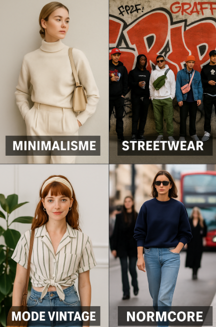 Collage de tendances mode inspirees des annees 2010 qui font leur retour en 2025 avec looks streetwear vintage et minimalistes