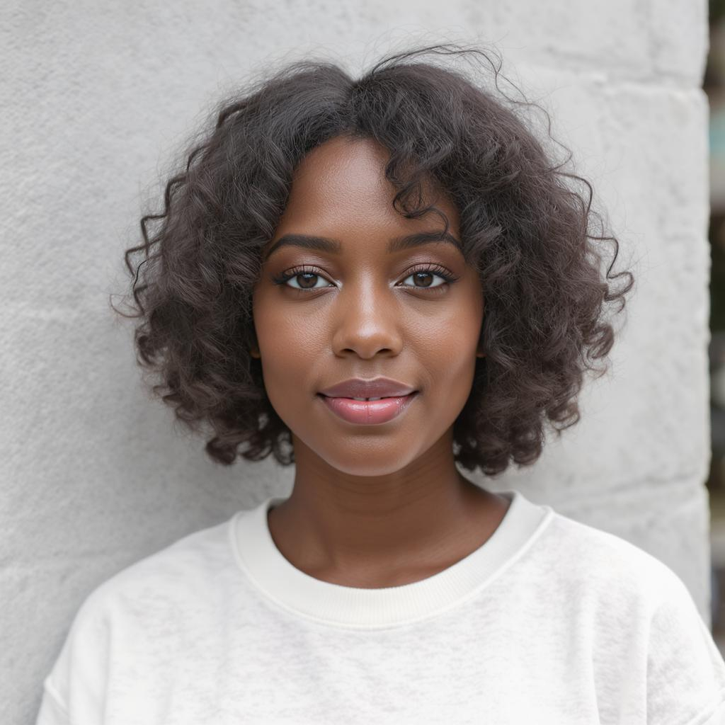 Carré flou mi-long sur cheveux frisés naturels avec frange, coupe arrondie et texture aérienne pour un look chic