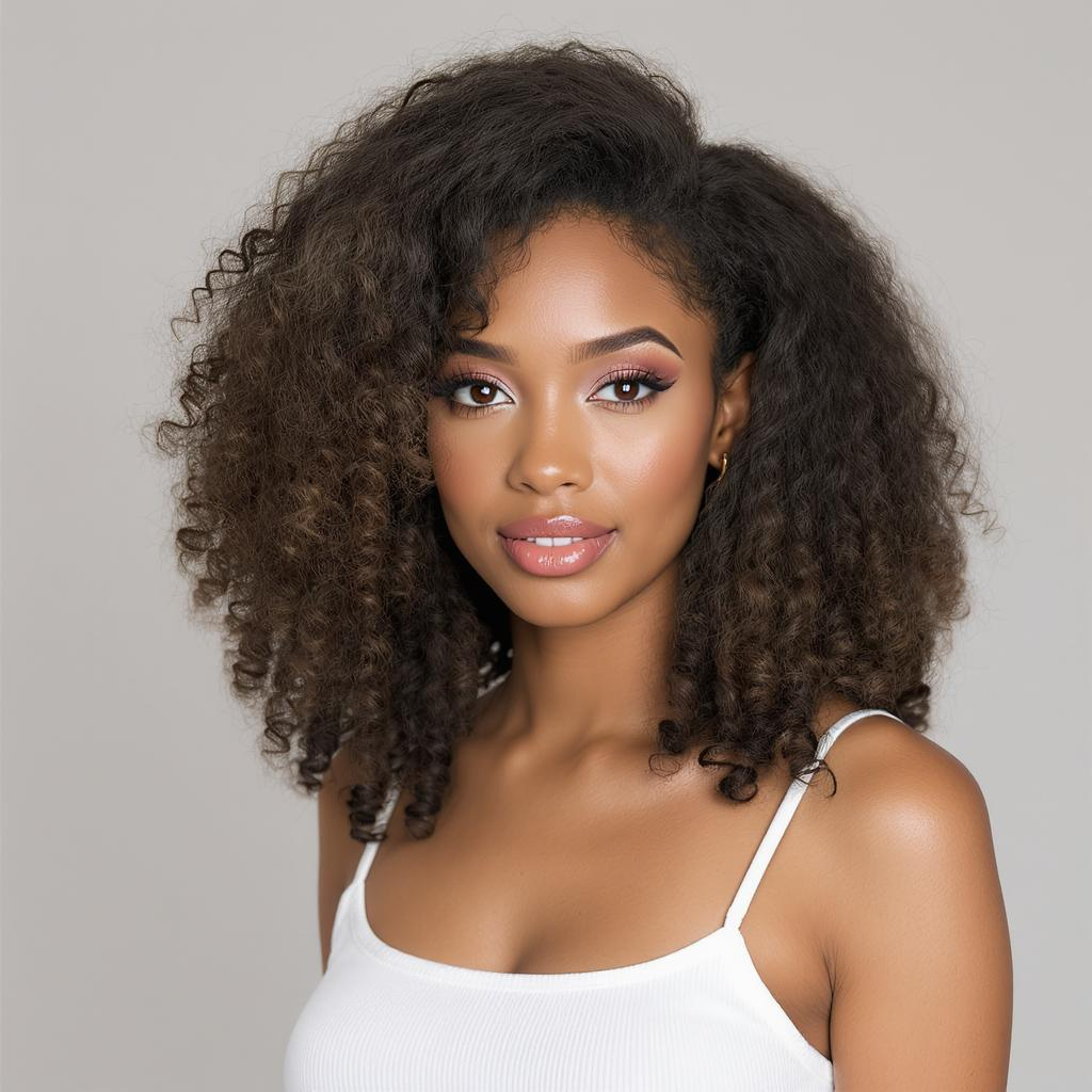  Femme aux cheveux frisés longs avec coupe dégradée subtile, volume maîtrisé et boucles naturelles bien définies