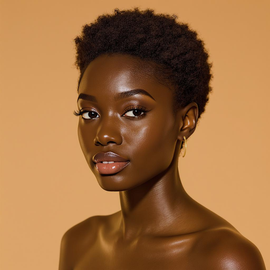Jeune femme noire avec coupe mini afro naturelle, cheveux très frisés, peau lumineuse et regard affirmé
