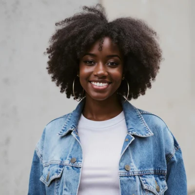 emme confiante avec cheveux frisés naturels, pose moderne et look urbain, incarnant l'élégance sans artifice