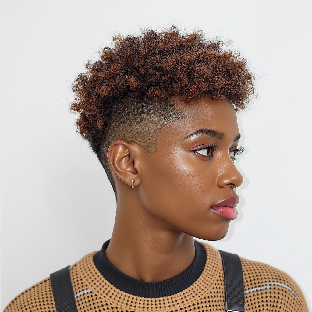 Coupe courte dégradée façon halo sur cheveux très frisés, effet circulaire élégant autour du visage