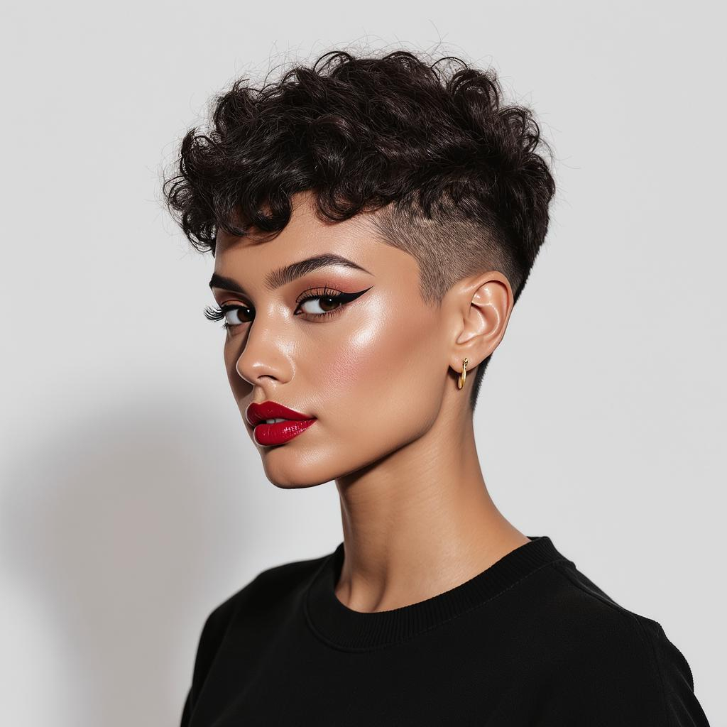 Coupe pixie sur cheveux frisés naturels avec côtés courts et boucles texturisées, style audacieux et tendance