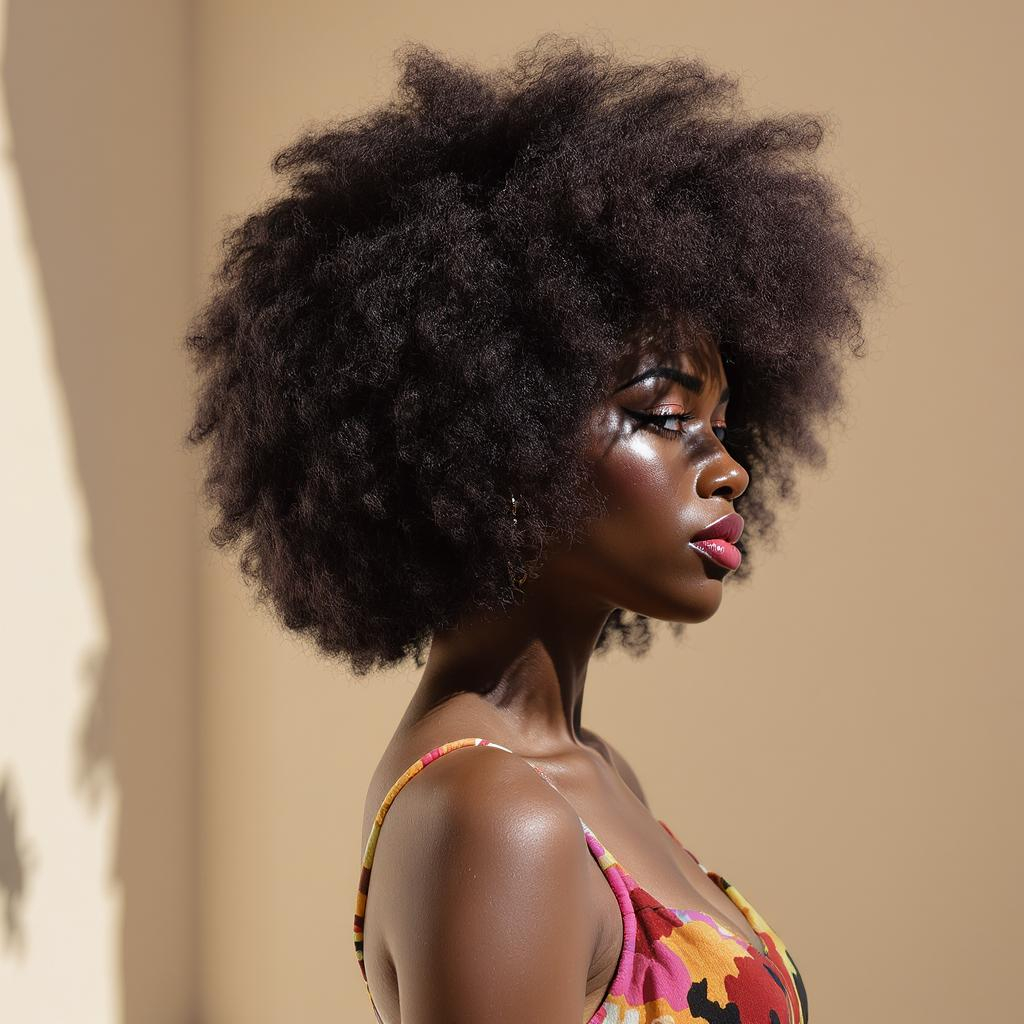 Afro long naturel avec volume harmonieux et texture frisée dense, coupe majestueuse sans compromis