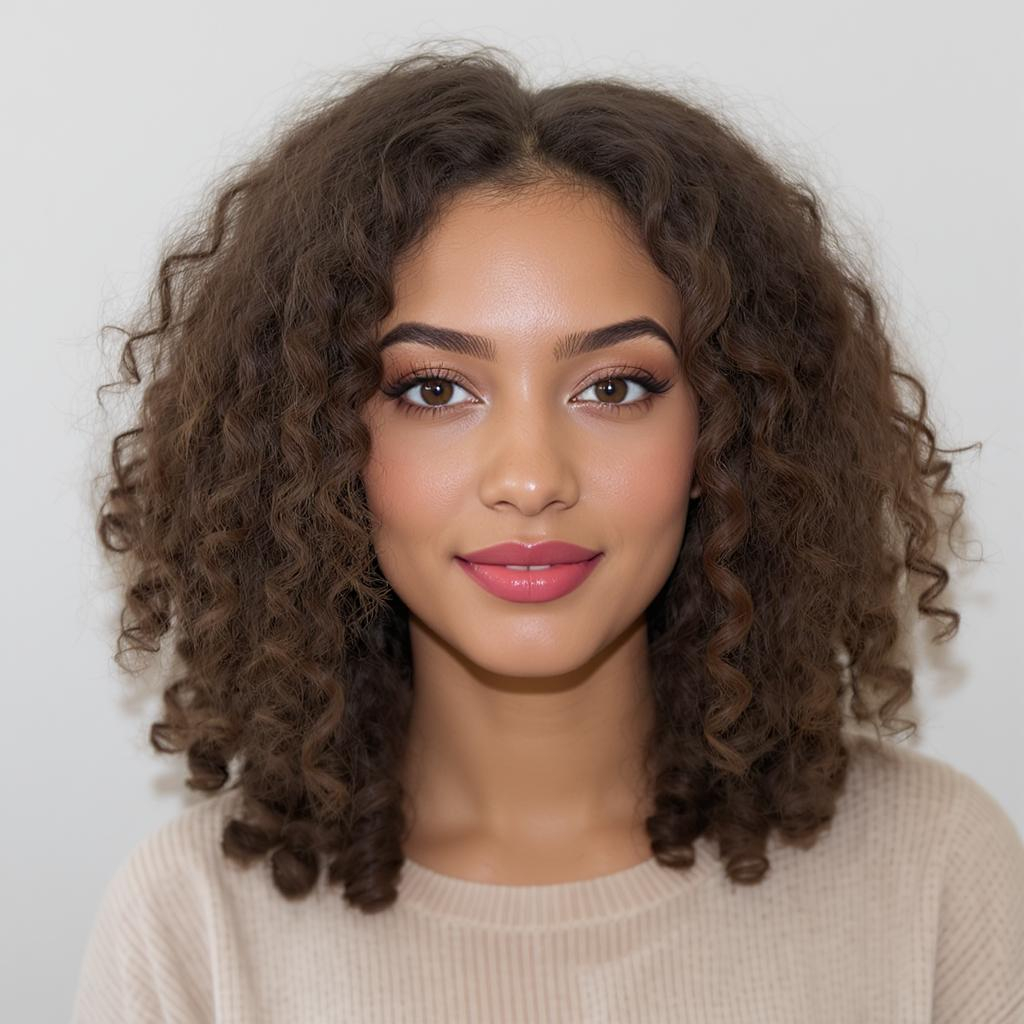 Coupe mi-longue avec raie centrale sur cheveux frisés, boucles définies et silhouette élégante et naturelle