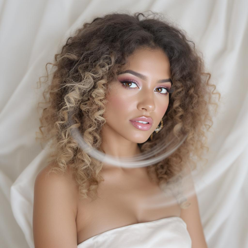 Coiffure avec racines volumineuses et pointes longues sur cheveux frisés naturels, effet nuage ultra féminin