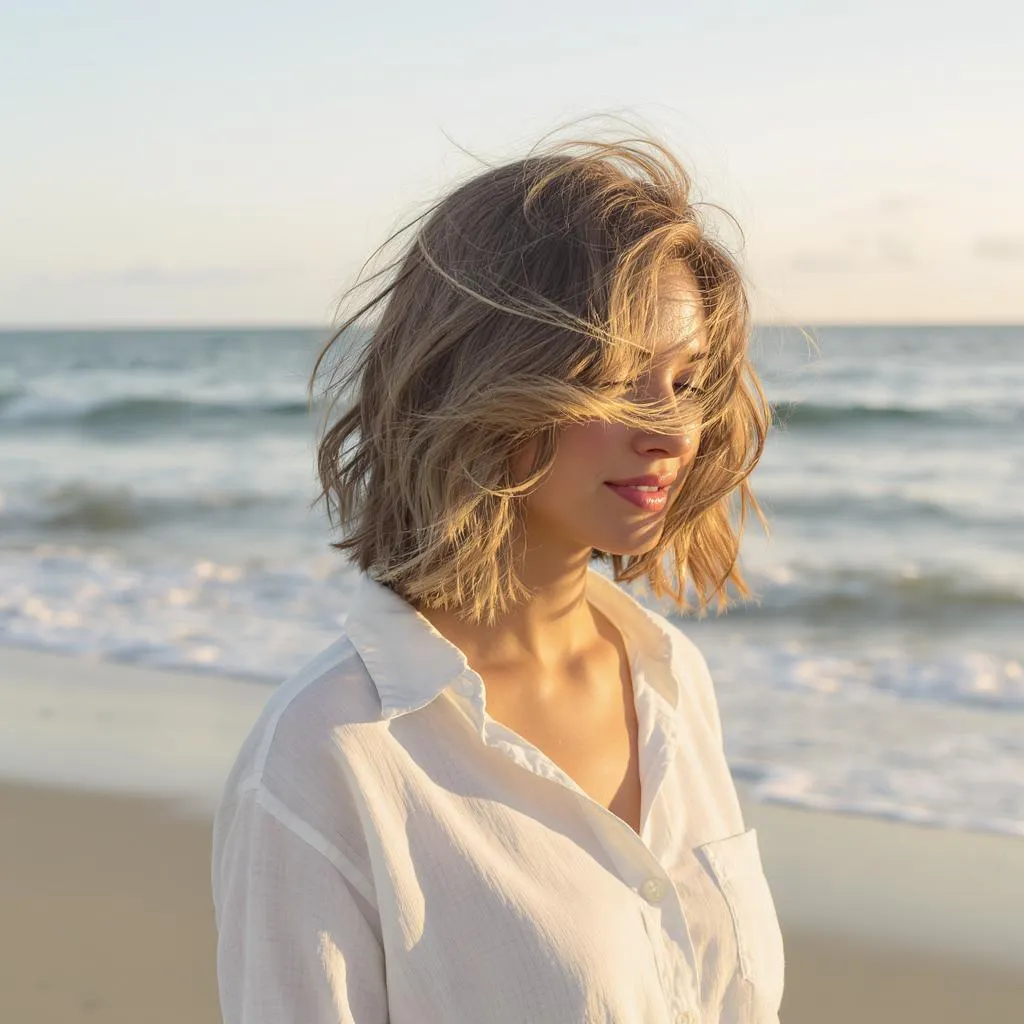 Cheveux mi-longs dégradés wavy avec volume naturel façon plage