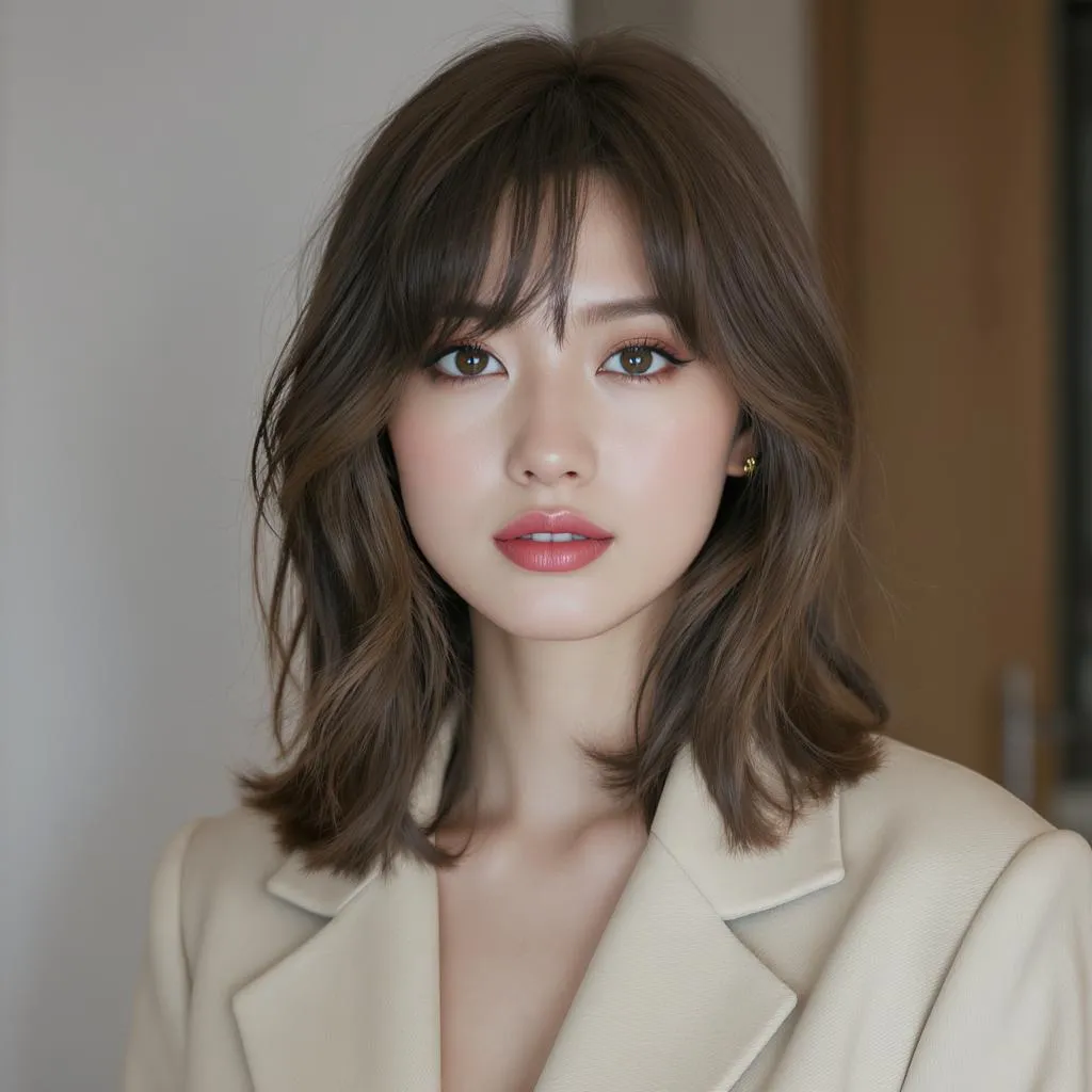 coupe cheveux mi long dégradé frange rideau visage allongé