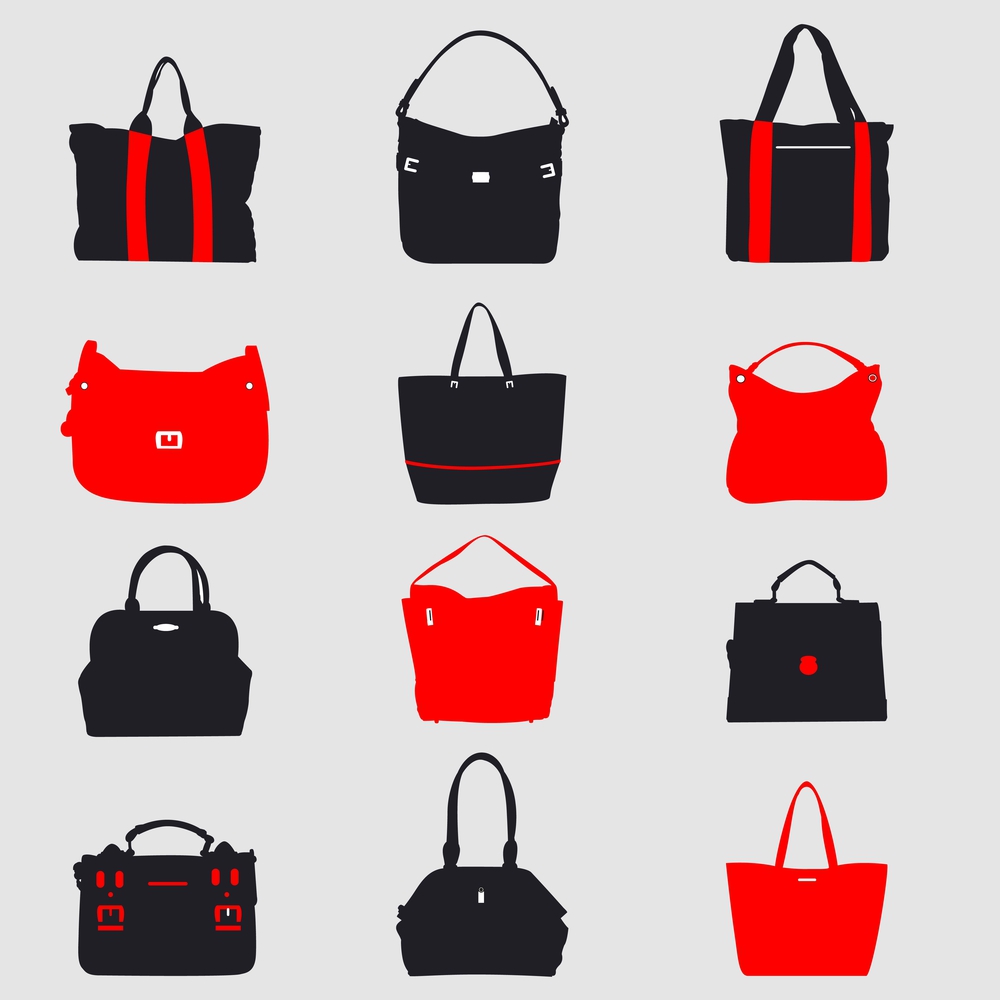 Illustration des différentes formes et styles de sacs à main : besace, cabas, pochette, seau, etc.