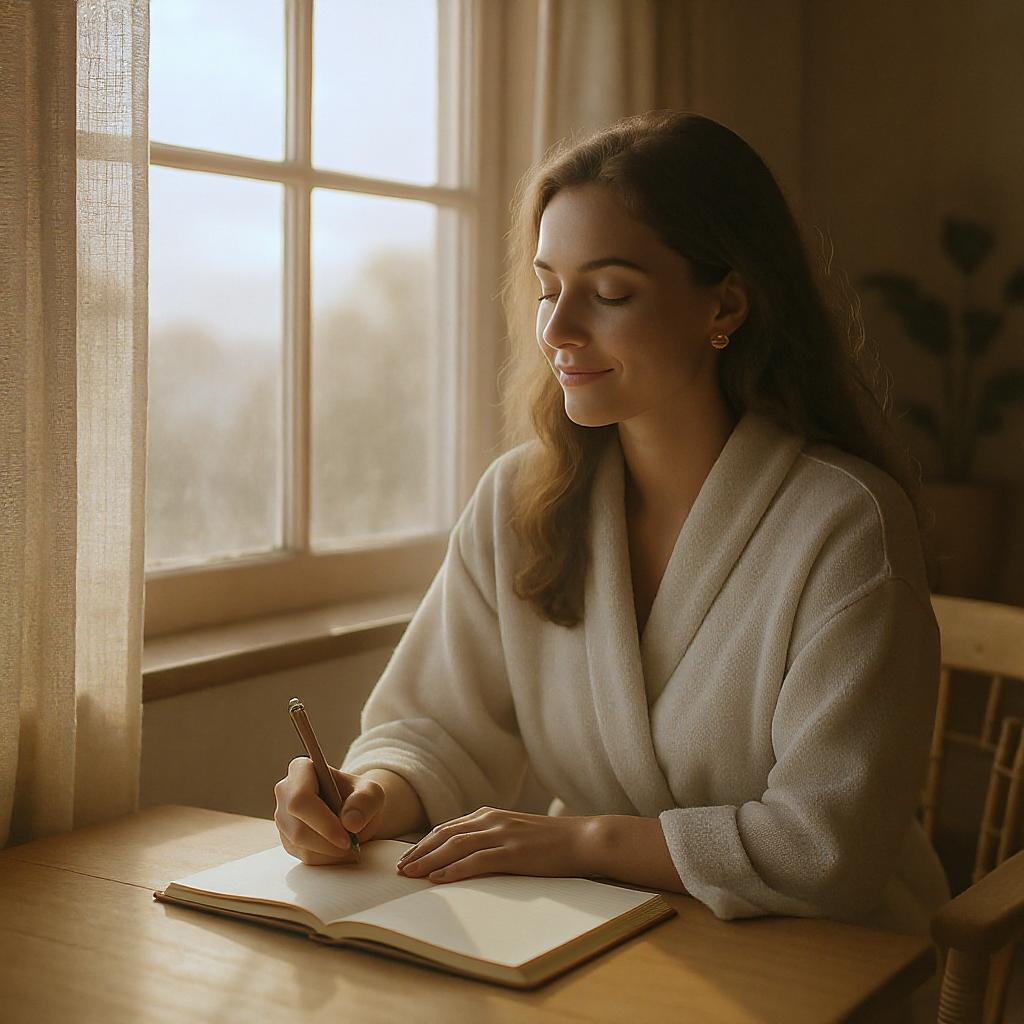 Femme écrivant dans un carnet à l’aube, moment d’introspection douce pour reconnecter avec ses émotions