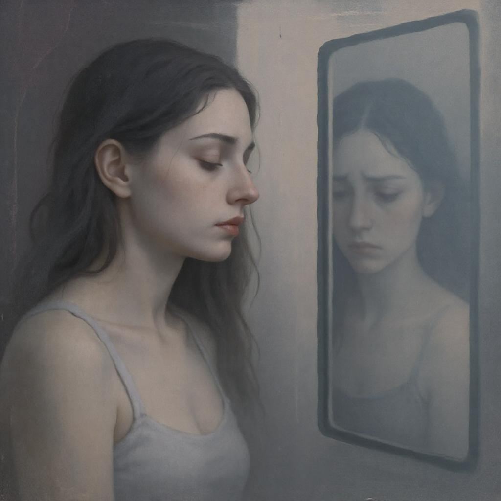Femme regardant son reflet trouble dans un miroir, métaphore d’un désalignement intérieur malgré une apparence calme