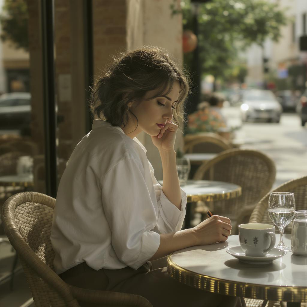 Femme seule au café, l'air songeuse malgré un cadre ensoleillé, illustrant le paradoxe entre bonheur apparent et mal-être intérieur