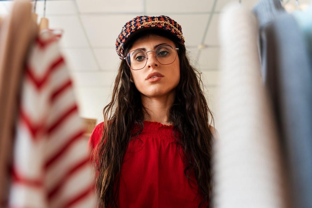 Jeune femme observant des vetements dans une boutique symbole dune consommation de mode plus consciente