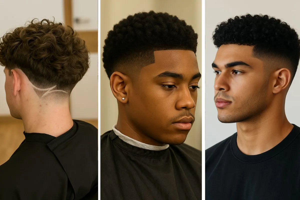 Taper coupe homme collage trois styles tendance entre boucles naturelles, dégradé net et dessin géométrique