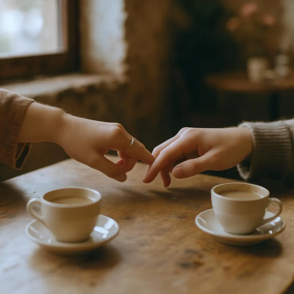 Mains qui se frôlent sur une table de café, geste subtil d’attirance réciproque
