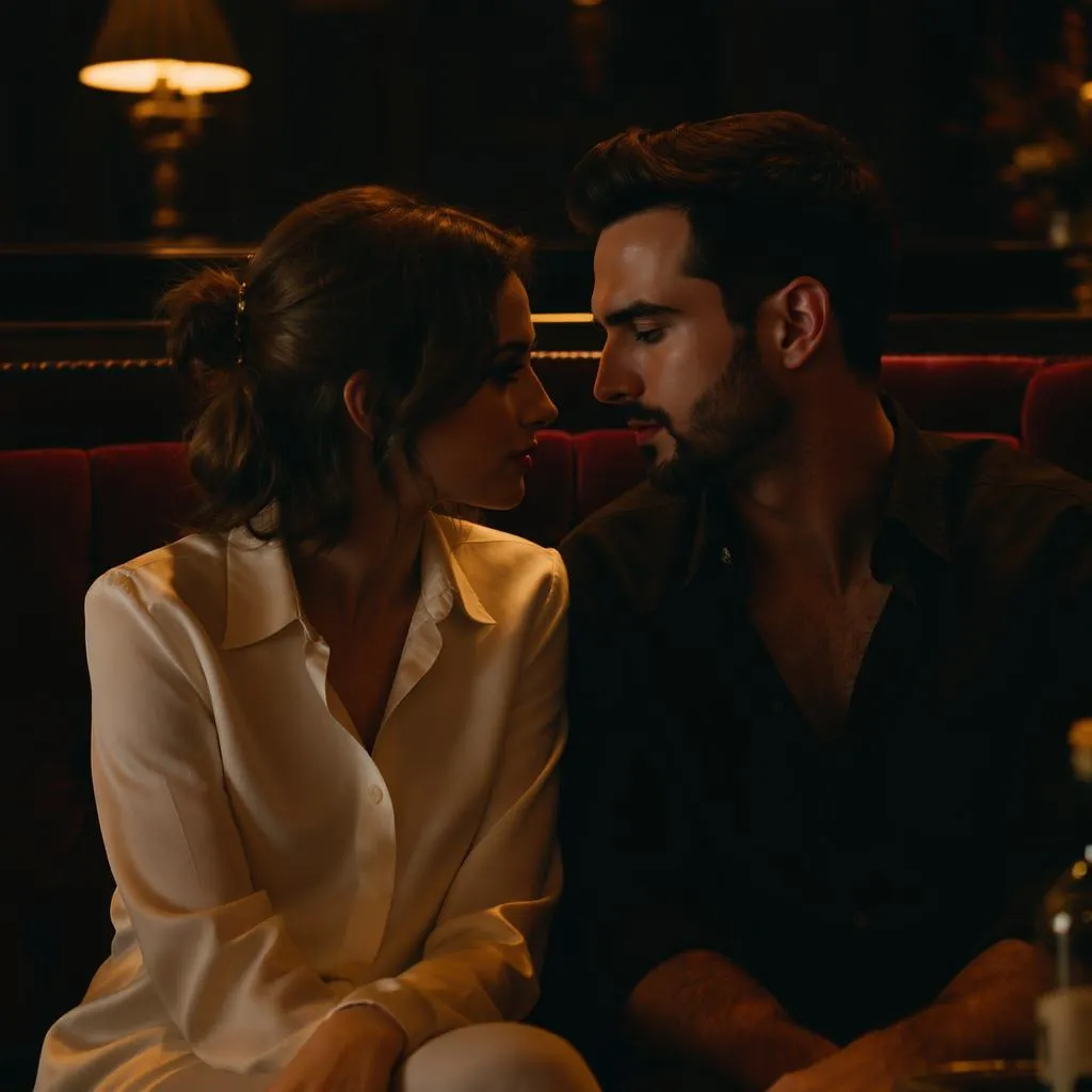 Regard intense entre un homme et une femme dans un salon feutré, tension amoureuse palpable