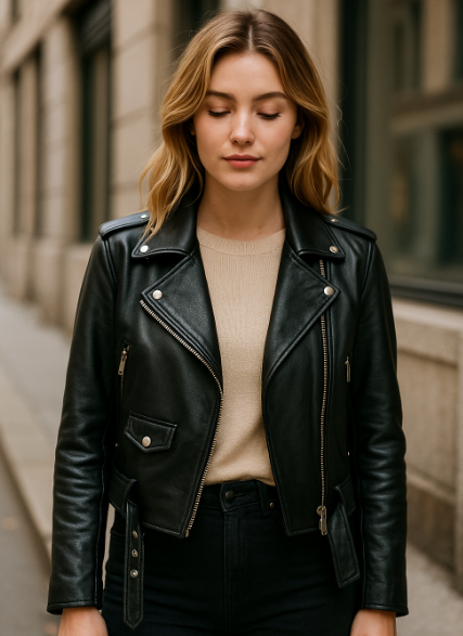 Belle femme en veste cuir vegan