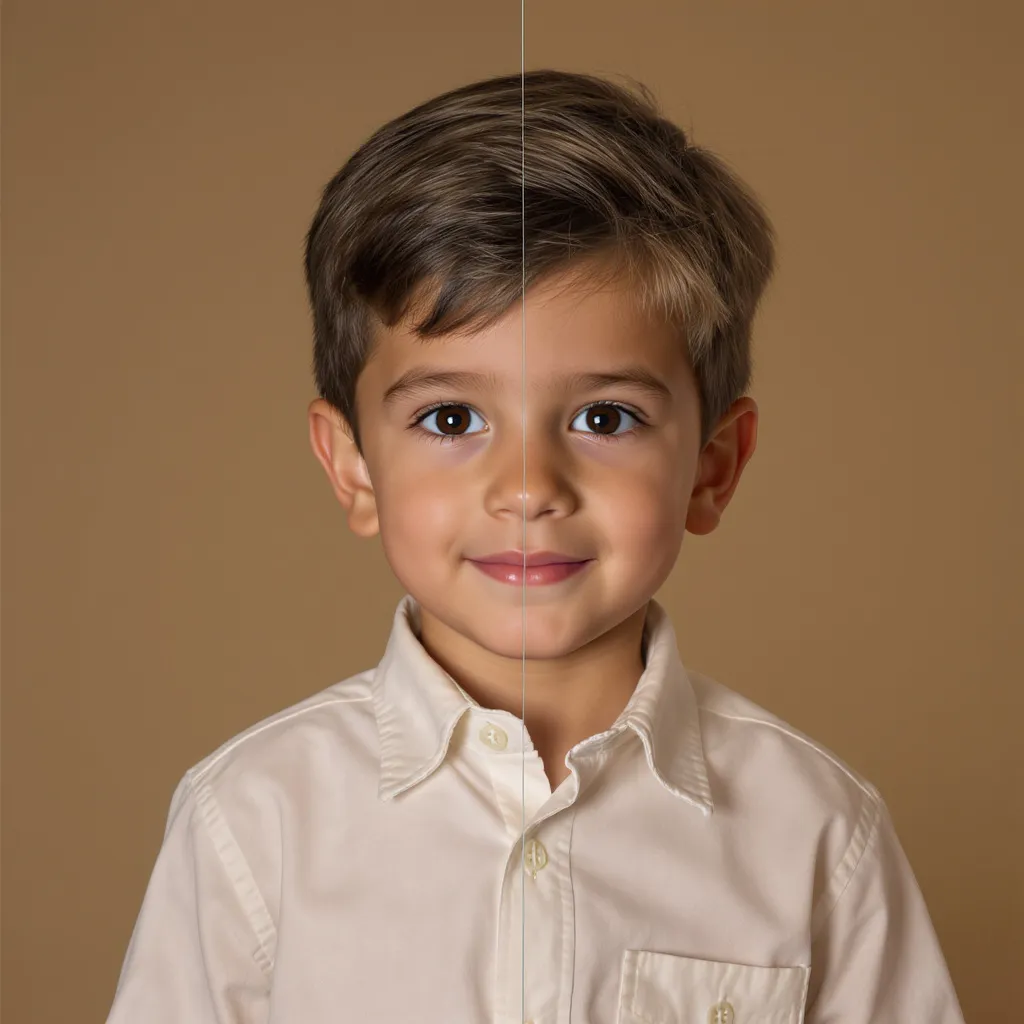 Petit garçon brun, coupe dégradée nette avec raie sur le côté, chemise chic.